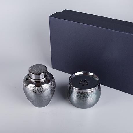 早川器物 熏银茶具2件套（茶叶罐，建水）