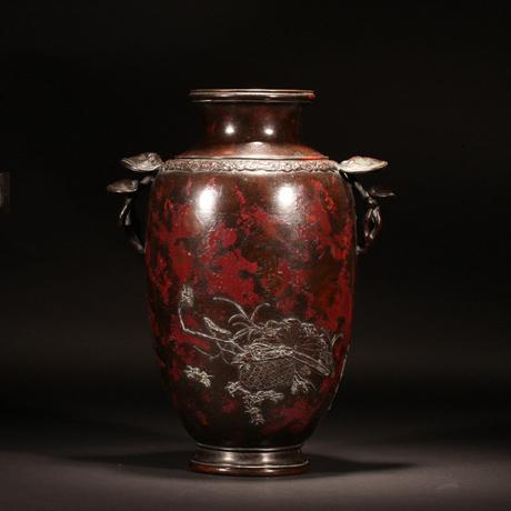 三代琢齋 蟹紋斑紫銅花瓶