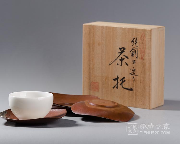 煎茶道具高岡銅器鍛金製西村義光作茶托五客共箱C7040