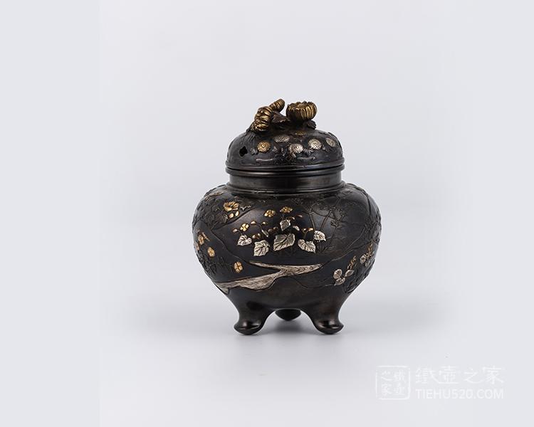 洋銀 戯れ獅子 香炉 大峰作 赤黒