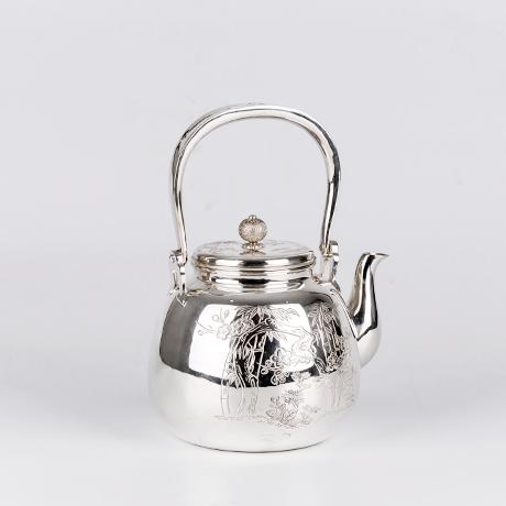 承合银器 纯银 梨形四君子银壶